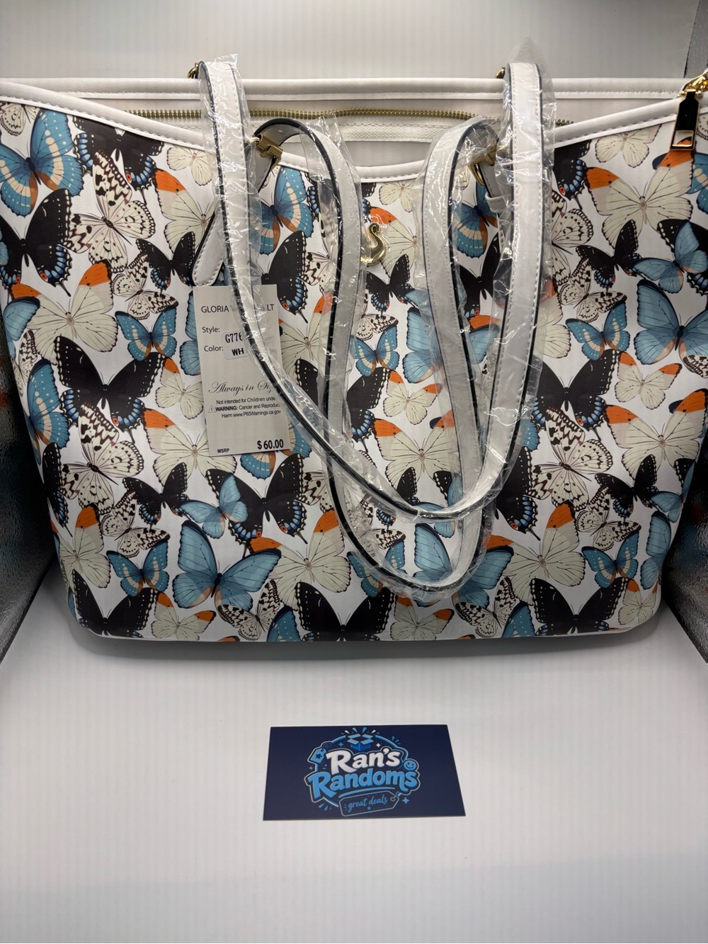 Gloria Vanderbilt White Tote with Blue and Orange Butterfly Print